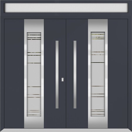 Vdomdoors Metal Double Doors Deux 1717 Gray Graphite Frosted Glass Top Transom Entry Modern Painted (W72xH80+ DEUX1717DEXD-GRE-W72xH80+16-LH-I