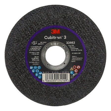 3M Cubitron Cut-Off Wheel, 4 1/2 in Dia, 0.039 in Thick, 7/8 in Arbor Hole Size, Ceramic, Not Applicable Grit 33463