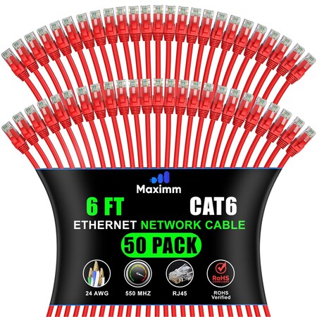 Maximm Cat6 Ethernet Cable 6ft 10Gbps 550MHz UTP, 50PK, Red, 50PK CAT6CCA-6RD-50PK
