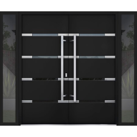 Vdomdoors Steel Double Doors Deux 1105 Black Enamel 2 Sidelight Exterior Windows Stainless Inserts Double Mod DEUX1105DEXD-BLK-RH-W14+72+14 x H80