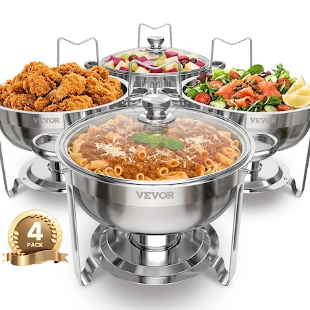 Vevor 5 Qt Round Chafing Dish Buffet Set Full-Size Pan Stainless Steel Silver, 4PK JZYYXCL5LBL4