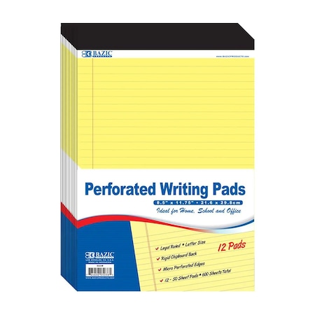 Bazic Products Perforated Writing Pads, 8.5in. x 11.75in., Canary, 50 Sheets, 12PK 5038