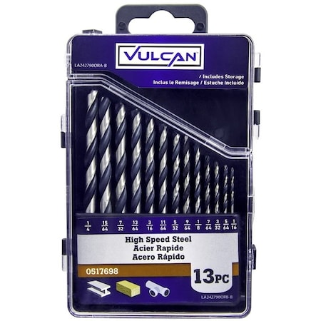 Vulcan Plastic Case Drill Bit Set, 13-Piece, High-Speed Steel, Black Oxide/Polished 242790OR