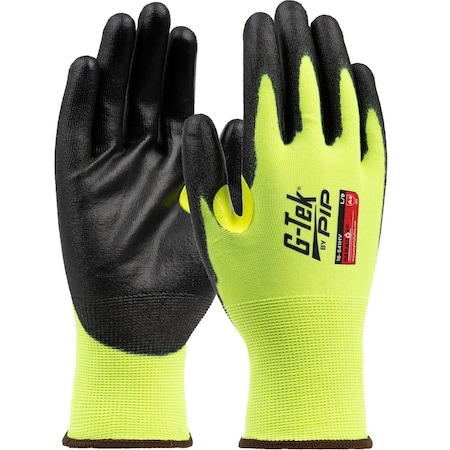 G-Tek Hi-Vis Seamless Knit PolyKor Blended Glove w/PU Coated Flat Grip on Palm&Fingers, 21Ga, Touchsc, 12PK 16-541HV/L