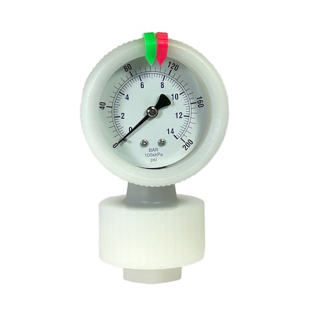 Kodiak Controls PVDF Pressure Gauge, PTFE Diaphragm, 2.5 in Dial, 1/4 in NPT, 0-200 psi KC701LD-ST25-200