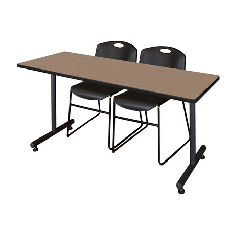 Regency Kobe T-Base Training Seminar Table W/ 2 Zeng Stack Chairs, 72 in W, 24 in L, Noble Oak MKTRCT7224NO44BK
