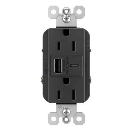 Legrand radiant USB Outlet, 15 A, 125 V, Type A, C USB, NEMA: NEMA 5-15R, Black R26USBAC6BKCCV4