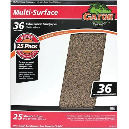 Gator 3269 Sanding Sheet, 11 in L, 9 in W, 36 Grit, Extra Coarse, Aluminum Oxide Abrasive 4214GA