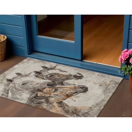 Homeroots 3' X 5' Beige And Gray Horse Washable Indoor Outdoor Area Rug 618667