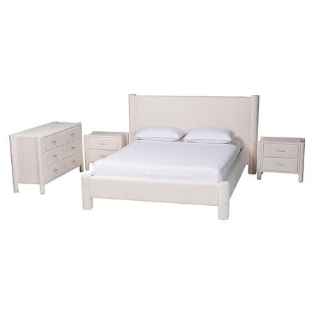 Baxton Studio Laria Modern White Teddy-Bear Fabric Queen Size 4-Piece Bedroom Set 253-13996-13998-13997-ZORO