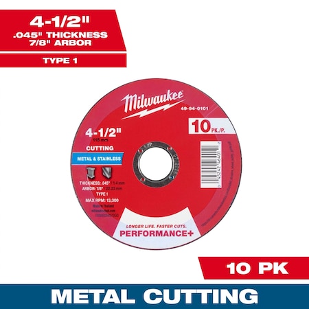 Milwaukee Tool Cut-Off Wheel, 7/8" Sz, 4 1/2" dia., PK10 49-94-0101