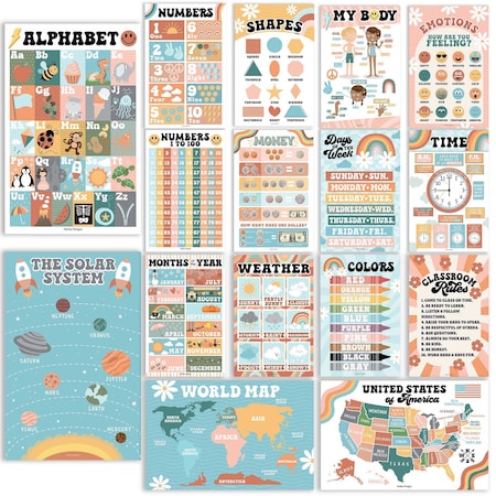 Hadley Designs Retro Boho Preschool Educational Laminated Posters For Toddlers, 16-Piece Set X004ACFGE5