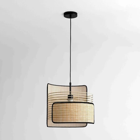 Vidalite Mazal 1-Light Pendant with Woven Wicker Shade, Stiched Velvet Detailing, Adjustable Hanging Height CE1009077