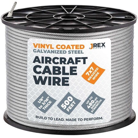 Jrex Safety 7x7 Vinyl Coated Galvanized Steel Aircraft Cable Wire - 1/8" to 3/16" x 500' Reel GCV18-JR-316-500FT
