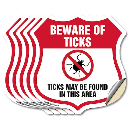 Signmission Beware Of Ticks Shield Sign Ticks May Be, 6 inch X 6 inch, Vinyl Decal, 5PK SHI-D-5PACK-6-362