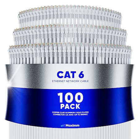 Maximm Cat6 Ethernet Cable 6ft 10Gbps 550MHz UTP, 100PK, White, 100PK WH100PK08