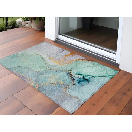 Homeroots 3' X 5' Teal Blue Abstract Washable Indoor Outdoor Area Rug 559715