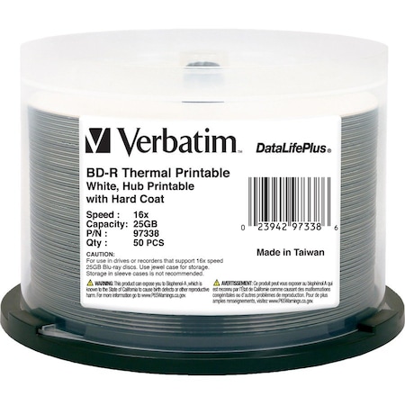 Verbatim BD-R 25GB 6X DataLifePlus White Thermal Printable, Hub Printable - 50pk Spindle 97338
