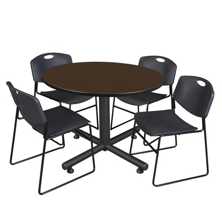 Regency Round Kobe Breakroom Table W/ 4 Zeng Stack Chairs, 48 in W, 48 in L, Neo Walnut TKB48RNDNW44BK