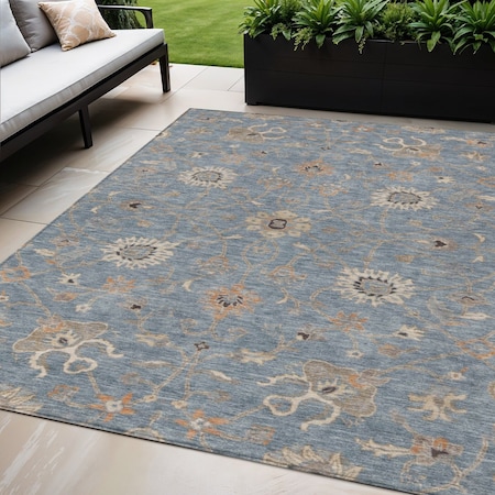 Homeroots 5' X 8' Denim Blue Ivory And Coral Floral Washable Indoor Outdoor Area Rug 604768