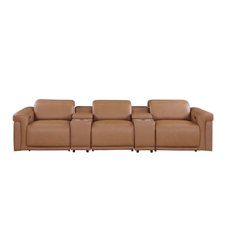 Homeroots 126" Chestnut Top Grain Leather Reclining Metal USB Sofa 720366