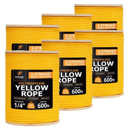 Xpose Safety 1/4in x 600 ft Twisted Polypropylene Rope, Yellow, 6PK YPR14-600-6-X
