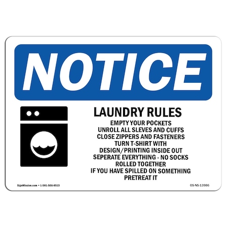 Signmission Laundry Rules Empty Your Pockets With Symbol , 10 Inch X 7 Inch, Aluminum Metal Sign OS-NS-A-710-L-13986
