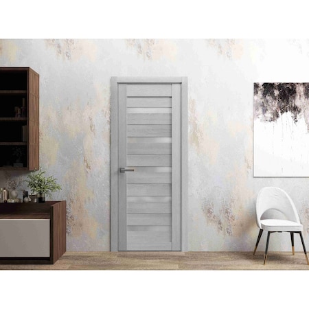 Sartodoors Solid French Door 18 x 80in, Quadro 4445 Light Grey Oak W/ Frosted Glass, Sgl Panel Frame Trim QUADRO4445ID-OAK-18