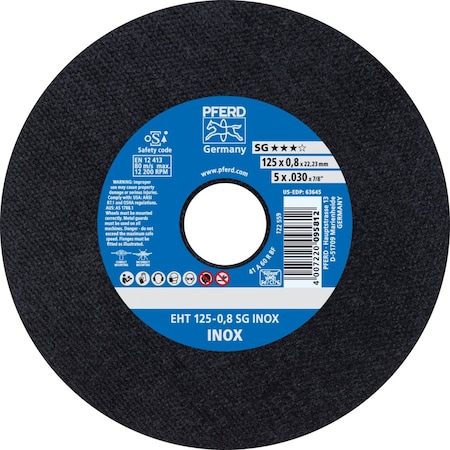 Pferd Cut-Off Wheel, Type 1, 5 in Dia, 0.030 in Thick, 7/8 in Arbor Hole Size, Aluminum Oxide 63645