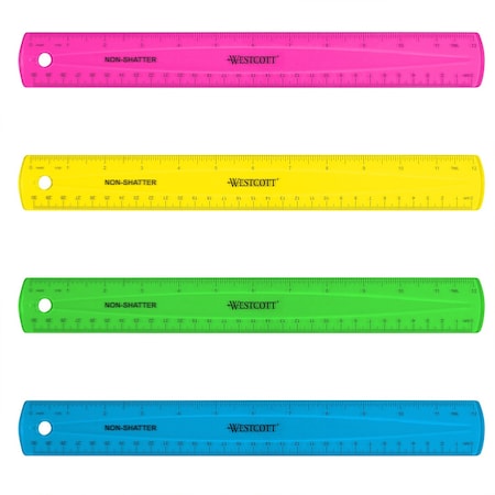 Westcott Non-Shatter Flexible Ruler, Standard/Metric, 12 in (30 Cm) Long, Plastic, Asst Colors, 12PK 17721