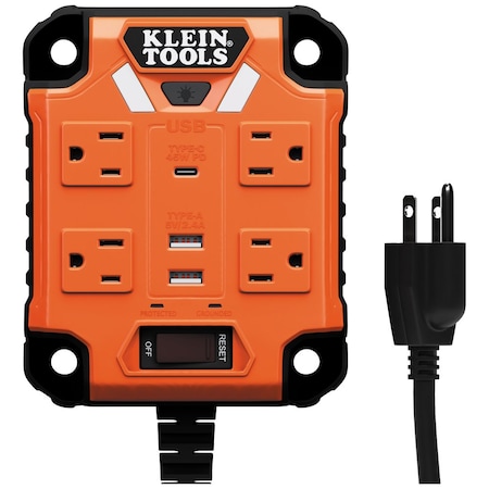Klein Tools Power Strip, Surge, USB, 4 5-15R, 5-15P, 5 ft., Orange 29601