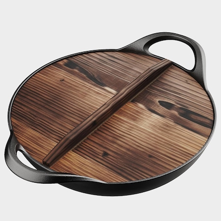 Bakkenmaster Bakken 14 in Pre-Seasoned Cast Iron Wok with Wooden Lid, Flat Bottom, Oven & Stove Safe BAKCASTWOK