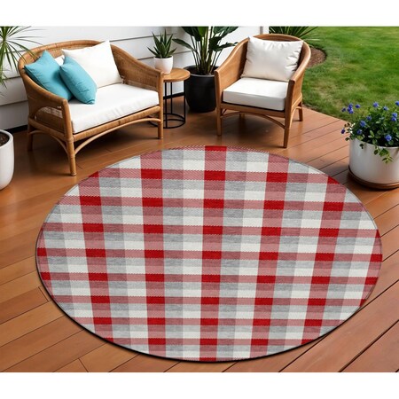 Homeroots 8' Red Gray And Beige Round Plaid Washable Indoor Outdoor Area Rug 601430