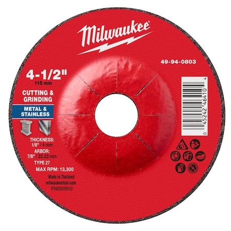Milwaukee Tool Cut-Off & Grinding Wheel, 4 1/2" dia. 49-94-0803