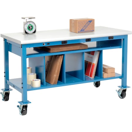 Global Industrial Mobile Packing Workbench W/Shelf and Power, Laminate Safety Edge, 60"W x 36"D 412466AB