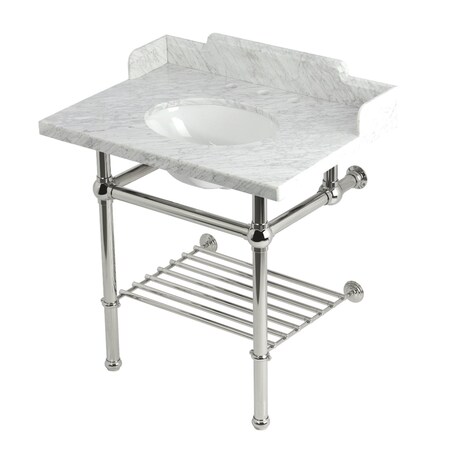 Kingston Brass 30-Inch Carrara Marble Console Sink with Brass Legs and Shelf, 8-Inch, 3-Hole LMS3030MBB6