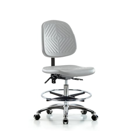 Blue Ridge Ergonomics CL100CleanRoom Chair-Med Bench Height with Med Back, Seat Tilt, Chrome Foot Ring, &Casters in Gray Poly NCR-PMBCH-MB-CR-T1-A0-CF-CC-GRY