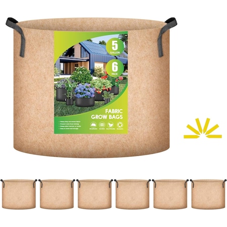 Ipower Plant Grow Bag 5 Gallon Heavy Duty Fabric Pots, 300g Thick Nonwoven, Tan 2024 Version, 6PK GLGROWBAG5X6TAN