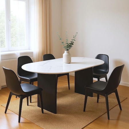 Homeroots 72" White and Black Marble And Solid Wood Sled Base Oval Dining Table 544747