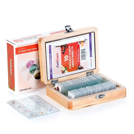 Amscope 30pc Glass Prepared Insect Slide Collection in Wooden Case PS-INST