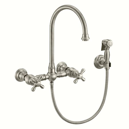 Whitehaus Collection Vintage III Plus Wall Mount Faucet with a Long Gooseneck Swivel Spout, and Solid Brass Side Spray WHKWCR3-9301-NT-BN