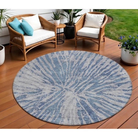 Homeroots 8' Blue Gray And Silver Round Abstract Washable Indoor Outdoor Area Rug 588006