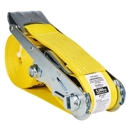 Keeper Tie-Down Strap, 3 in W, 27 ft L, Yellow, 5000 lb Working Load, Flat Hook End 04637