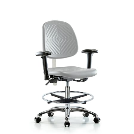 Blue Ridge Ergonomics CL100CleanRoom Chair-Med Bench Ht with Med Back, Seat Tilt, Adj Arms, Chrome FR, & Casters in Gray Poly NCR-PMBCH-MB-CR-T1-A1-CF-CC-GRY