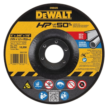 Dewalt Depressed Center Cut-Off Wheel, Type 27, 5 in Dia, 0.045 in Thick, 7/8 in Arbor Hole Size, 60 Grit DW8425