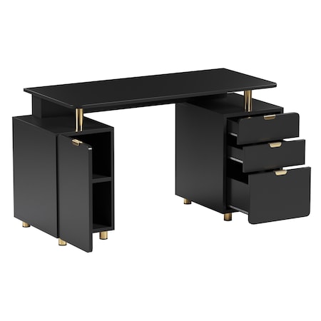 Homeroots 57" Black Wood and Stainless Steel Computer Desk With Three Drawers 723771