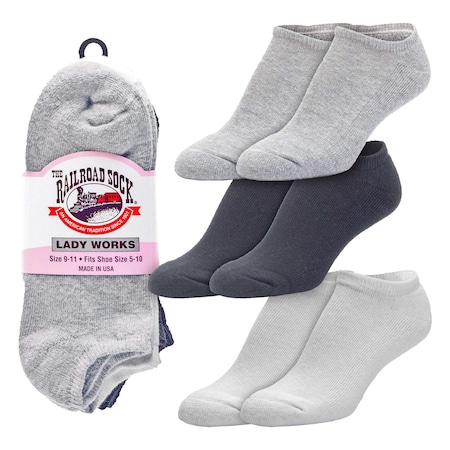 Railroad Sock Womens No Show Socks, 90% Cotton, 10% Nylon, Black/Grey/White, 5-10 W; 4 Pair-7.5 M, 3 PK 613