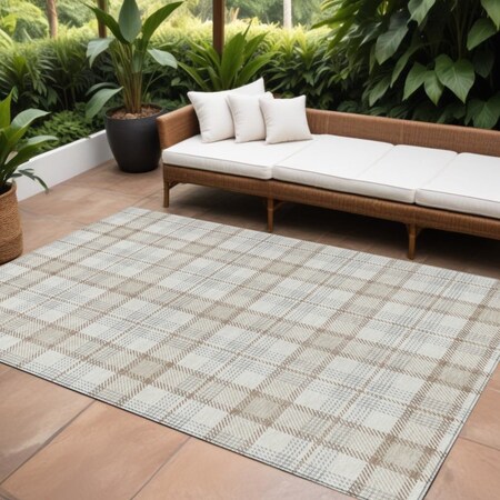 Homeroots 9' X 12' Linen And Brown Plaid Washable Indoor Outdoor Area Rug 601330