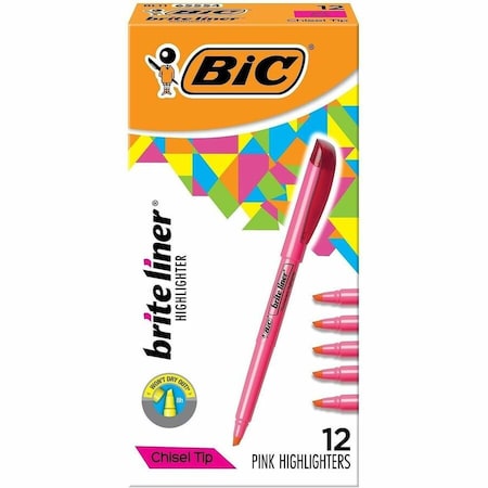 Bic Bic Brite Liner Highlighter with Pocket Clip, Chisel Tip, Pink Ink, Dozen BL11PK