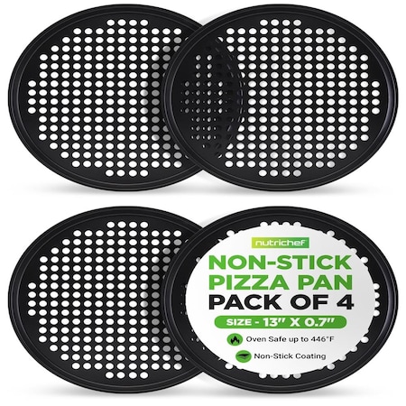 Nutrichef 4-Pack 13 in Non-Stick Pizza Pans, Round Pizza Pans for Oven, Commercial-Grade Carbon Steel, 4PK BKNCBS10SPZPX4